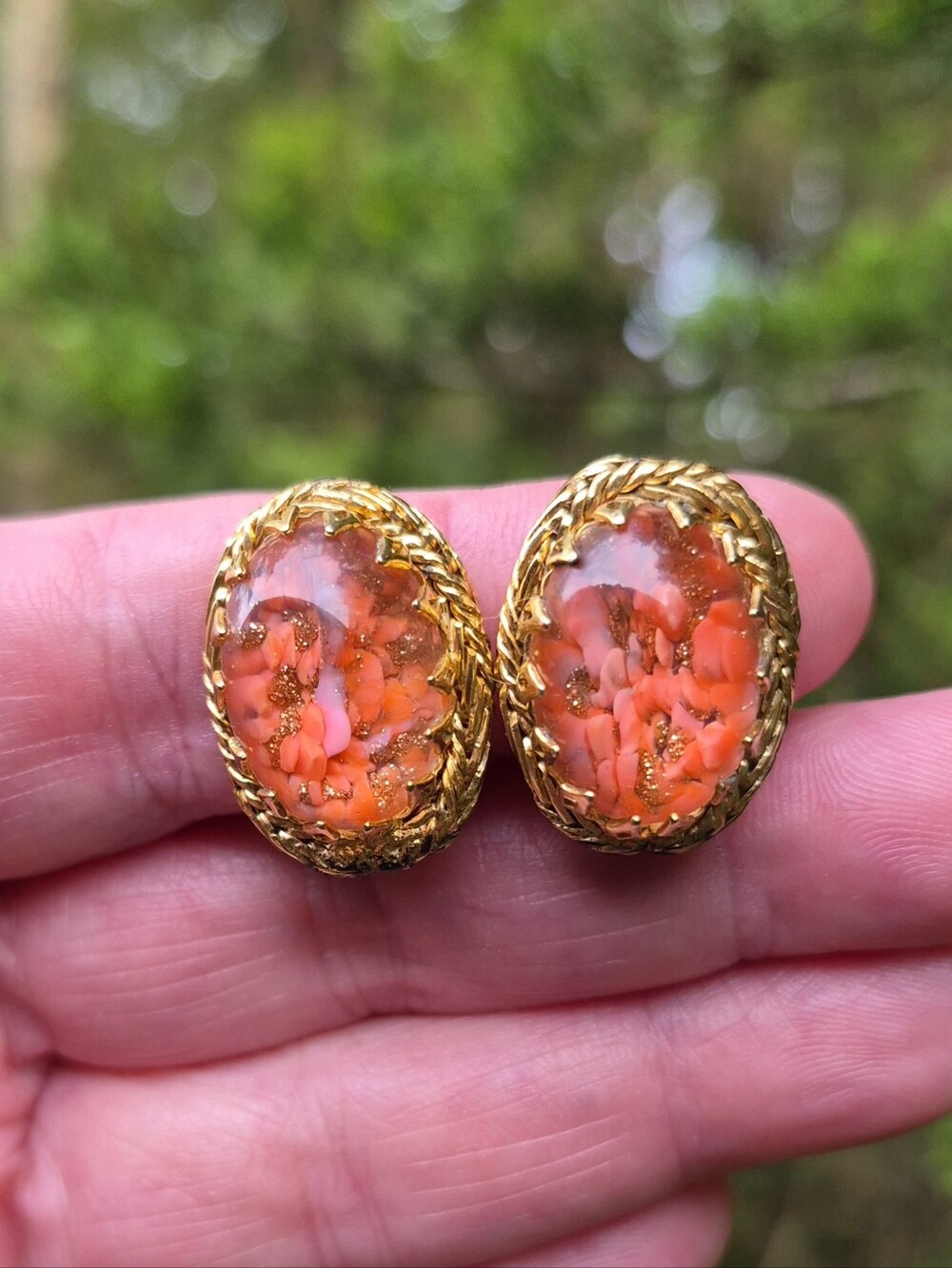 Schreiner Signed Vintage Clip-on Earrings Orange Coral Aventurine Art Glass Rope
